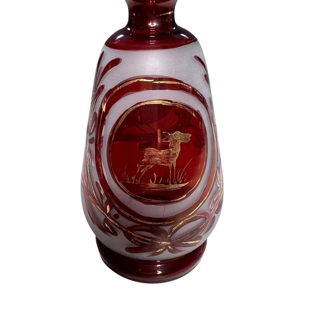 Ruby Red Bohemian Glass Vase Gold Deer and Bird Design‎ Bud Vase Decor Handblown - Picture 3 of 14